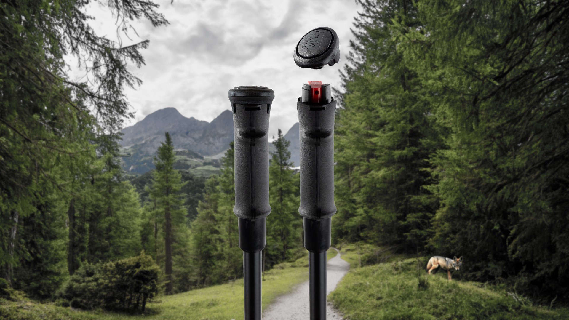 Pepper Poles trekking pole handles on a mountain trail, one with the cap removed showing the spray trigger